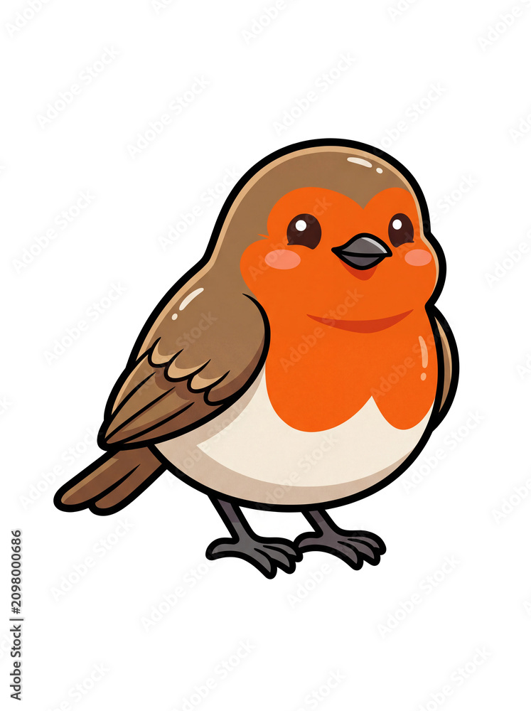Fototapeta premium Cute Robin Illustration: A charming cartoon illustration of a robin with its characteristic red breast and round body, sitting and looking forward.