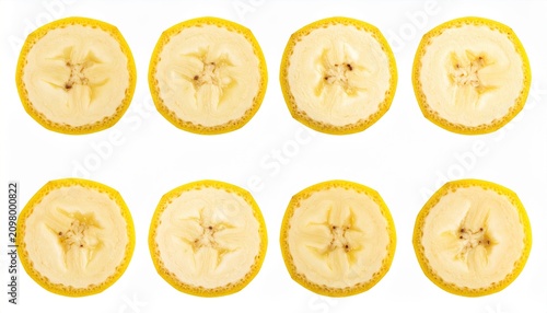 Set or collection of various fresh ripe banana slices on white background, isolated fruit elements, high resolution.