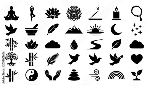 Quadro su tela Black and white mindfulness meditation and nature silhouette icon set with yoga