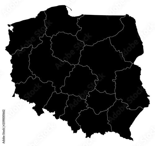 A contour map of Poland with voivodeship borders. Polish administrative silhouette