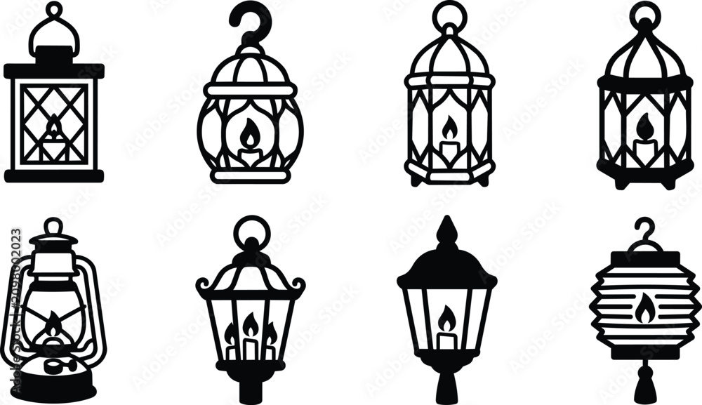 Naklejka premium Black silhouette vintage and modern lantern icons set vector art