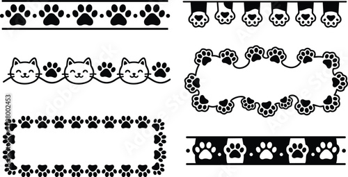 Canvas-taulu Black and white cat faces and paw prints decorative vector borders and frames