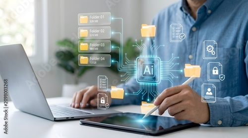 AI file management system with intelligent data organization and cloud automation interface for smart document processing workflow optimization and secure digital storage solution