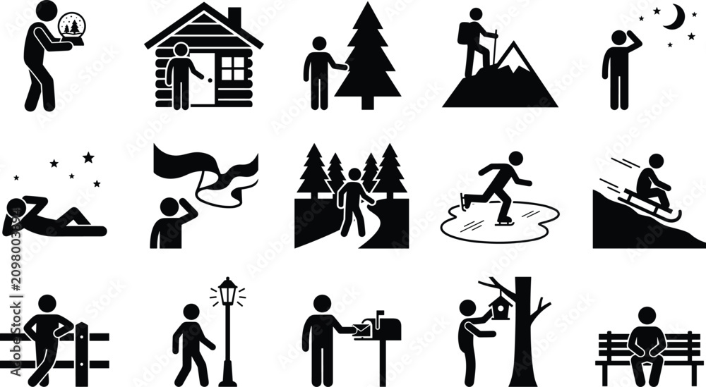 Obraz premium Set of winter and outdoor activities icons, stick figure people enjoying nature, hiking, sledding, ice skating, and relaxing under stars