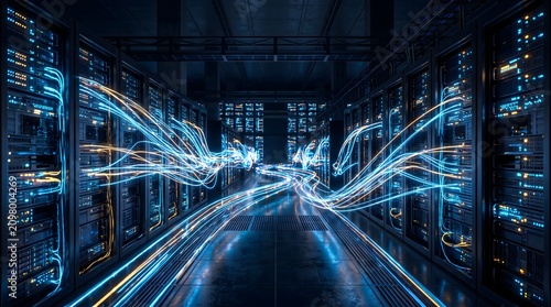 Glowing Data Streams Flowing Between Rows of Server Racks in a Dark Data Center Hall Representing High Speed Information Transfer Technology Background