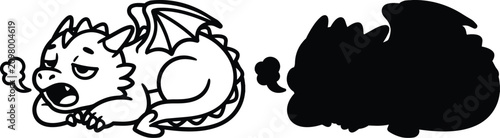 Quadro su tela Black and white tired cartoon dragon lying down with smoke
