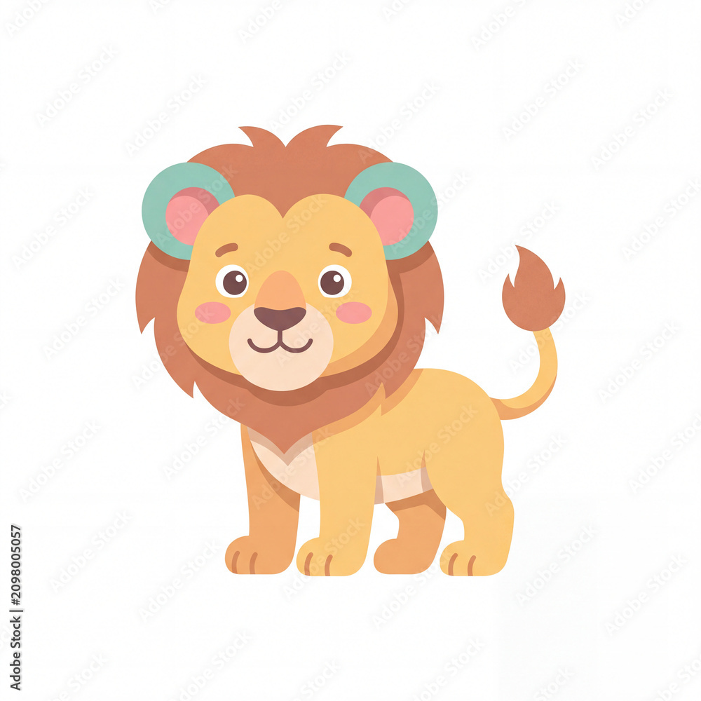 Obraz premium Cute Cartoon Lion Cub: A charming and friendly cartoon lion cub with a fluffy mane and a big smile stands proudly, exuding innocence and playful energy.