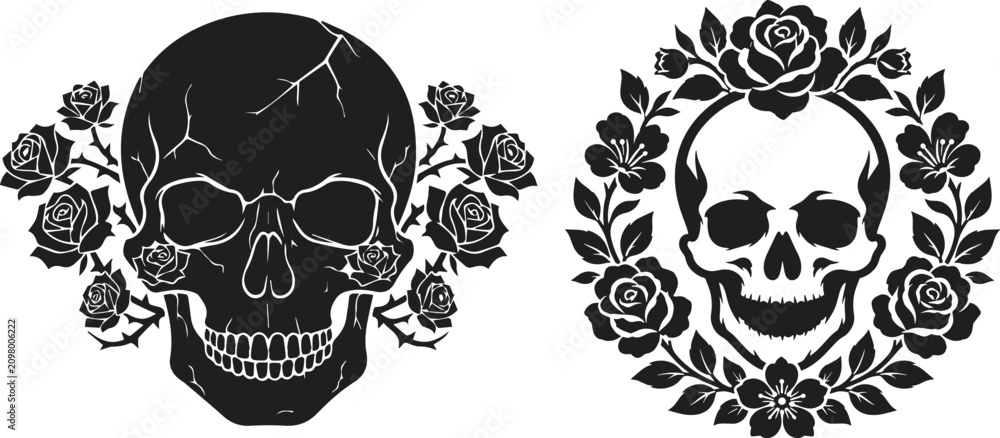 Fototapeta premium Cracked skull with roses and floral wreath frame vector set