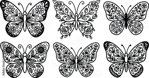 Obraz na płótnie Black and white floral butterflies vector art set with detailed wings
