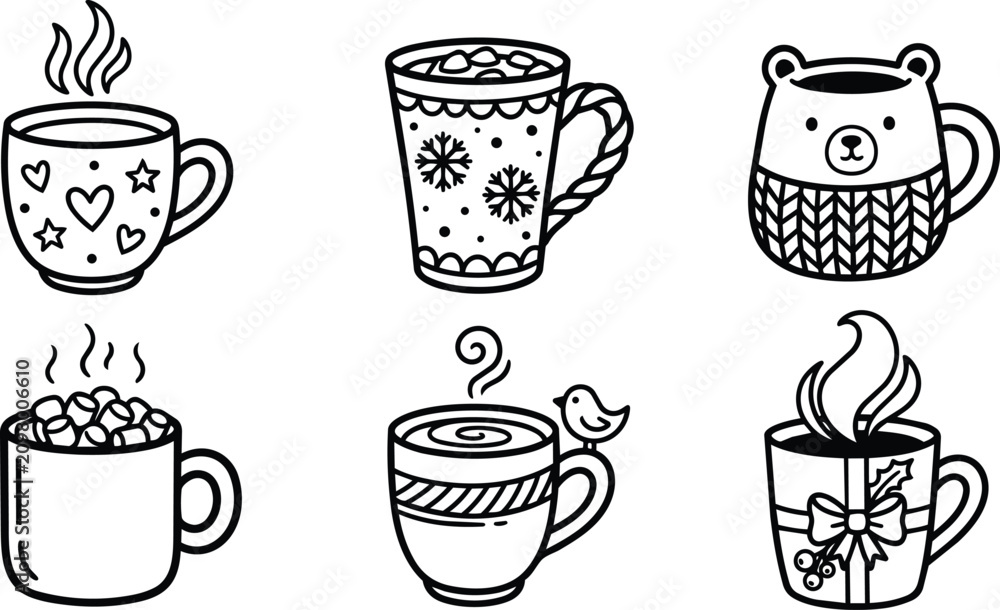 Obraz premium Black and white winter mugs with hearts snowflakes bear and holly decorations vector art