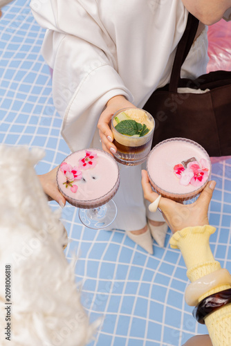 People Making Cheers with Colorful Drinks at Outdoor Event
Hands Toasting Pink and Green Drinks at Garden Party
Summer Celebration with Friends Clinking Refreshing Drinks