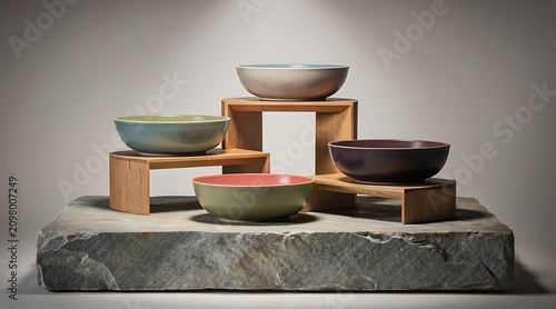 Collection of Ceramic Bowls Displayed on Wooden Stands and Stone Pedestal.