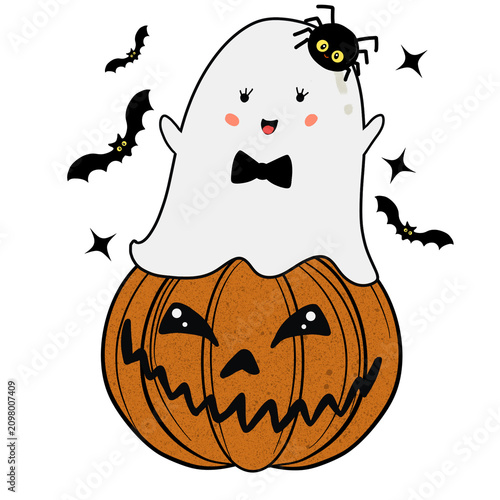 Cute Halloween ghost sitting on a jack o lantern pumpkin with bats and spider