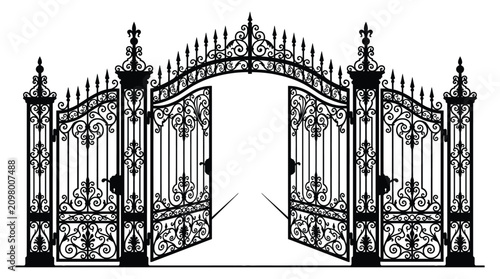 Cuadro en lienzo Ornate wrought iron gates silhouette against a white background
