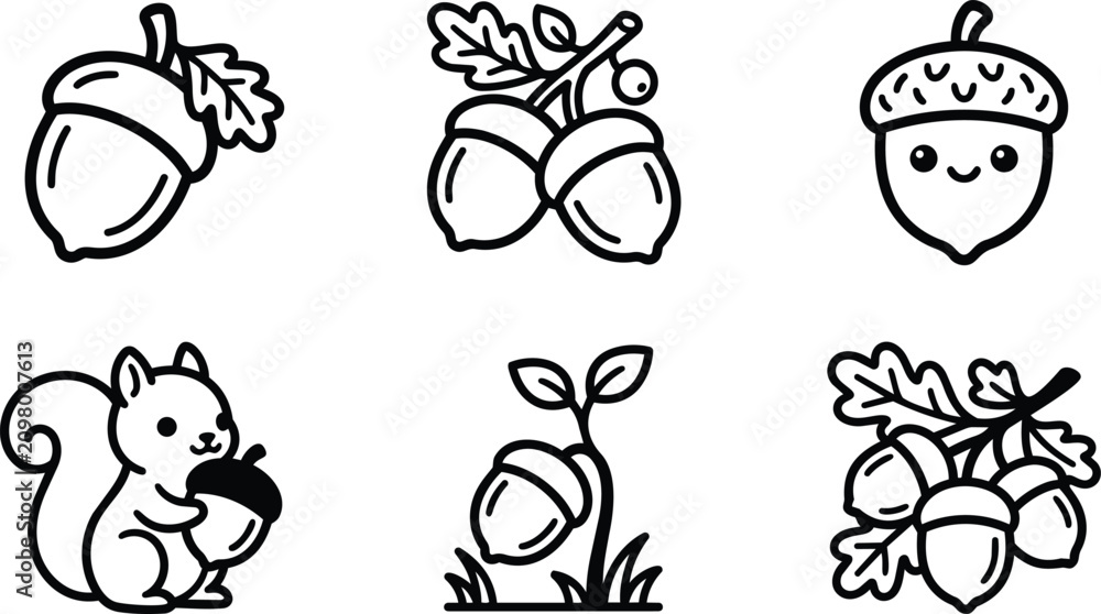 Fototapeta premium Black and white acorn and squirrel line art icons set