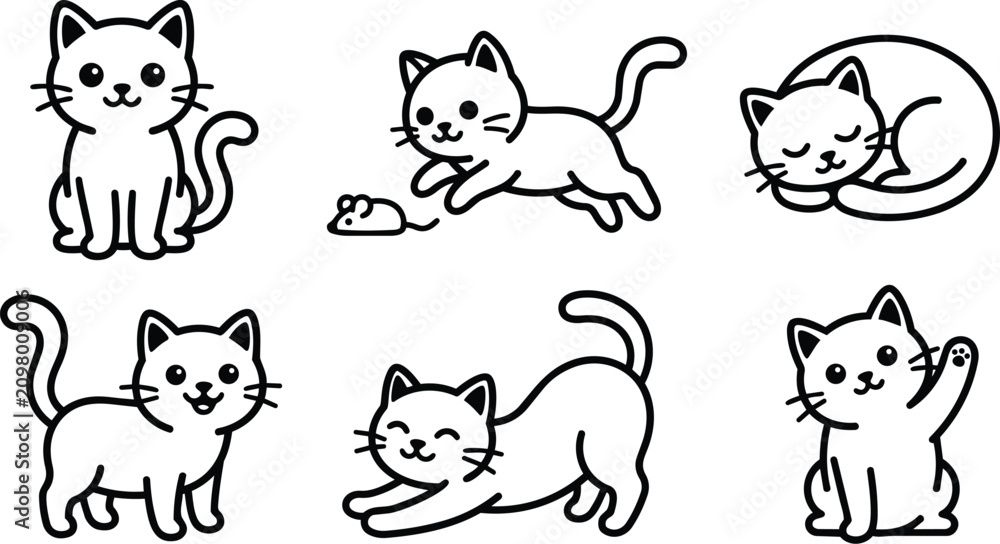 Obraz premium Black and white line art cute cats in various poses vector set