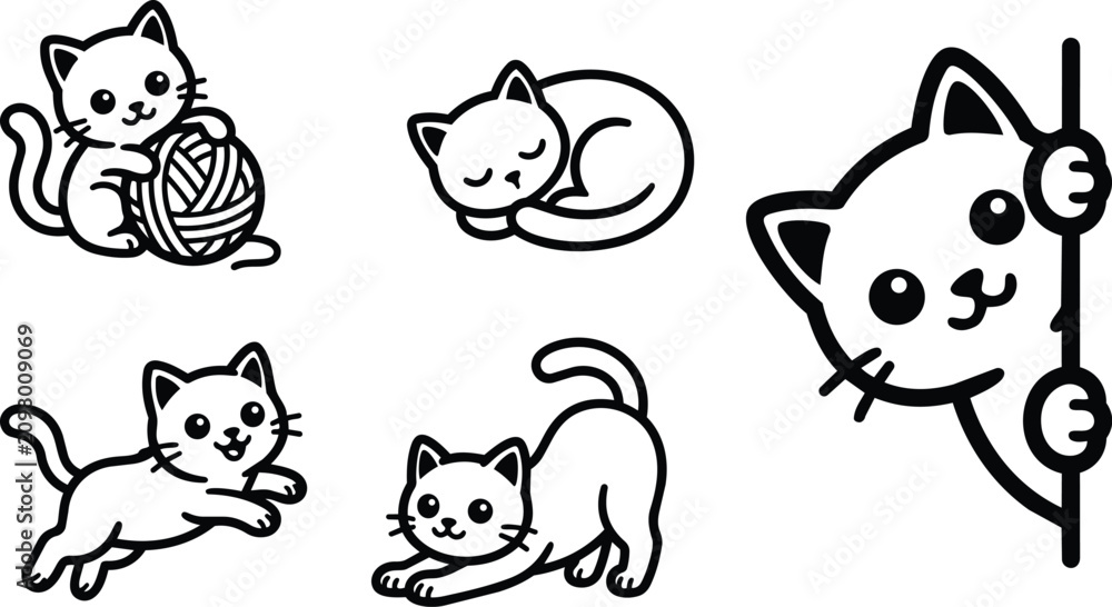 Obraz premium Cute black and white line art cats playing sleeping and peeking