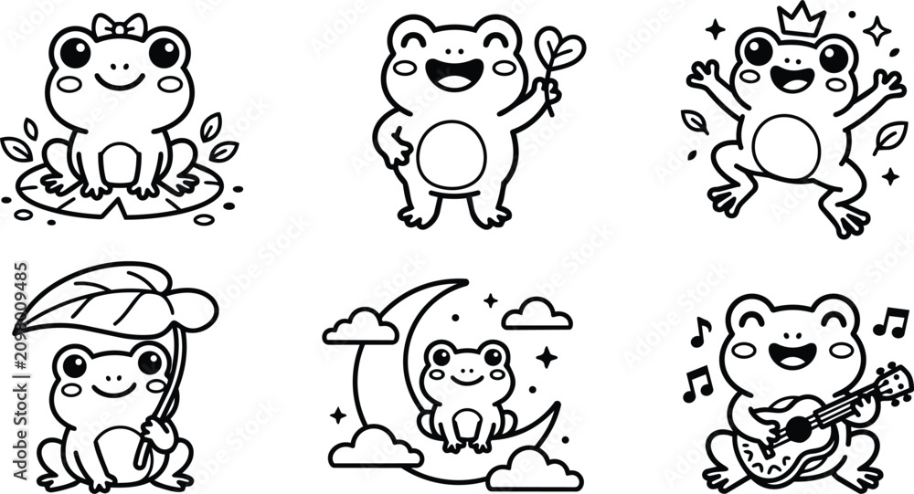 Fototapeta premium Cute black and white frog characters with accessories and moon flat line art