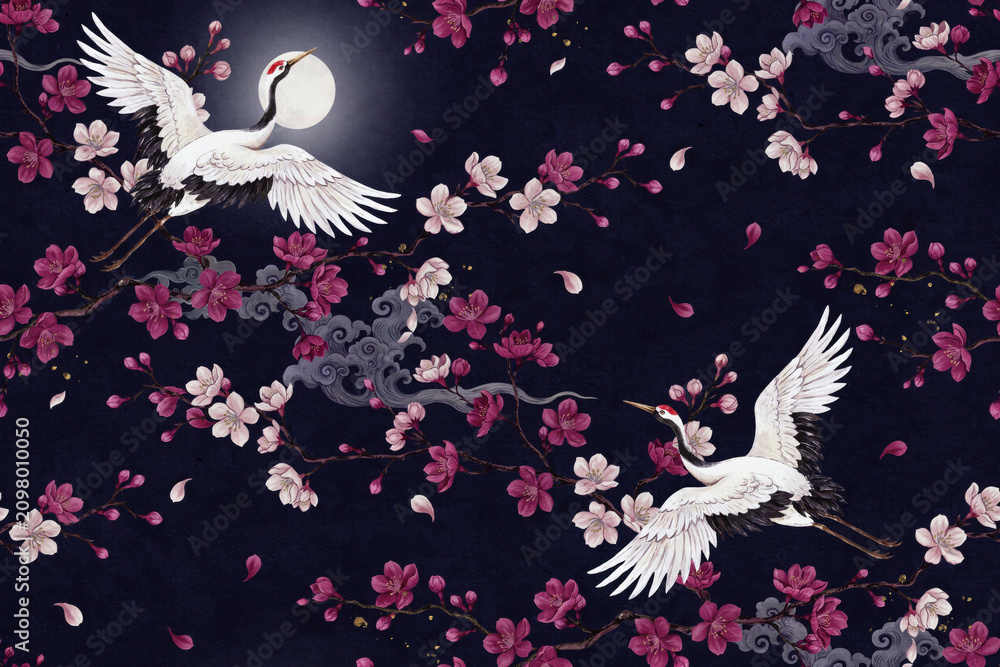 Obraz premium Dark seamless pattern with two white cranes flying in front of a full moon surrounded by blooming red cherry blossom branches and clouds