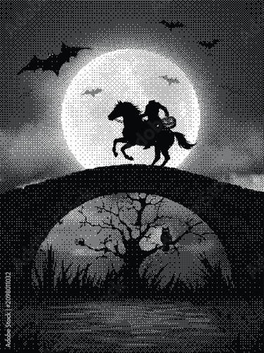 Принти на полотні Headless horseman riding over a bridge under a full moon pixel art