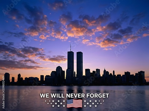 9/11 memorial tribute at sunset with skyline. Patriotic American flag reflection on water honors victims and heroes