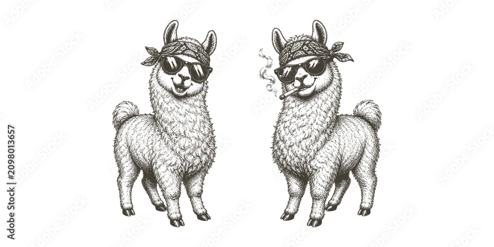Fototapeta premium Two cute llamas wearing sunglasses hand drawn stippled illustration with sunglasses, illustration