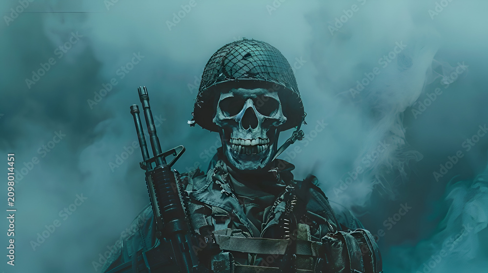 Fototapeta premium Intimidating skeleton soldier in combat gear amidst smoke