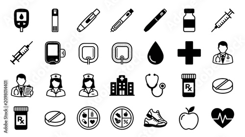 Tableau sur toile Diabetes Management Black and White Vector Icon Set Featuring Blood Glucose Moni