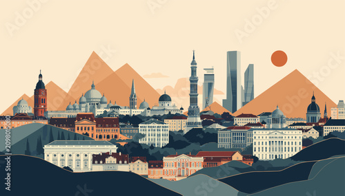 Obraz na płótnie Stylized vector illustration of a diverse cityscape featuring historical and modern buildings, mountains, and a setting sun in a flat design style