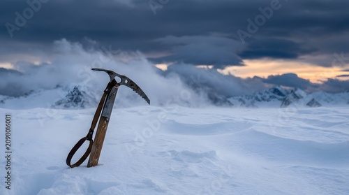 Rustic Ice Ax in Snowy Mountain Landscape at Dusk