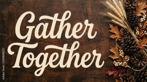 Festive thanksgiving background with 'gather together' text wheat pinecones autumn leaves