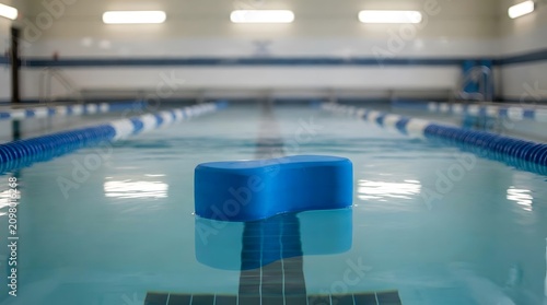 Blue Foam Float Resting on Pool Water in Indoor Swimming Lane