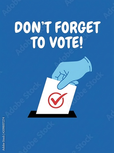 Hand placing vote ballot in box for election day. 3D render of civic duty reminder with checkmark for political participation.