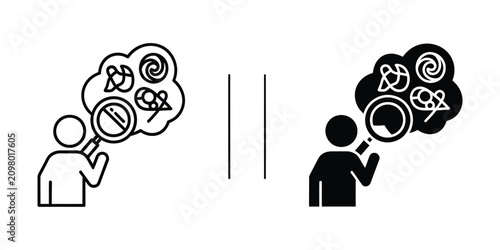 Foto Person with magnifying glass examining abstract symbols in thought bubble contra