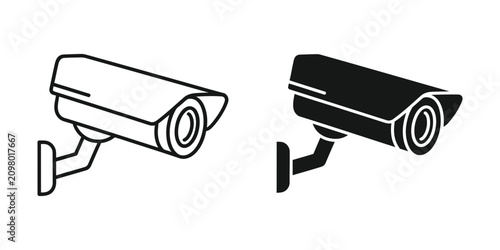 Surveillance security camera icon in outline and solid fill on white background for monitoring