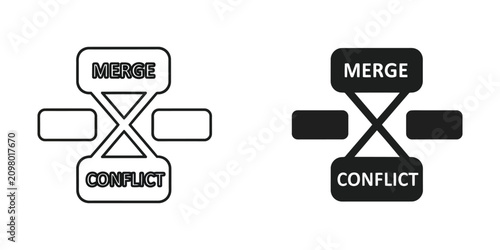 Two abstract icons representing merge and conflict in a flowchart on a white background
