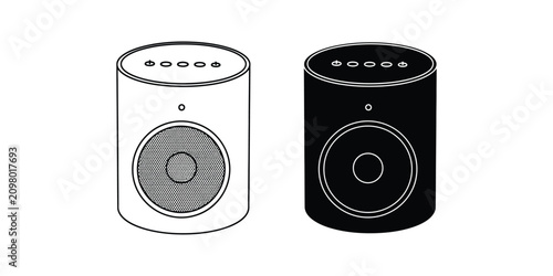 Two cylindrical smart speakers in black and white with selective focus against a clean background representing technology and connectivity