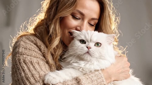 Happy young woman hugging and cuddling with her white fluffy persian cat indoors