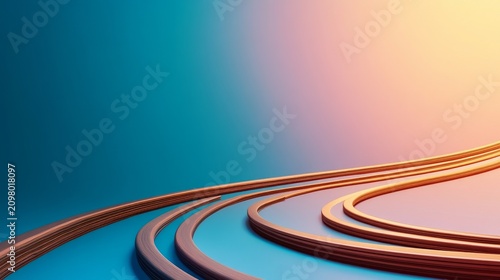 Abstract 3D composition with flowing bronze ribbons on a teal and warm gradient background, minimalist digital art concept,Abstract,Minimalist