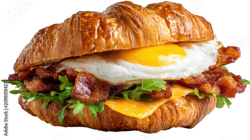 Delicious breakfast croissant sandwich with egg bacon lettuce isolated isolated on transparent background