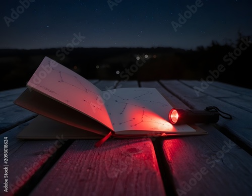 Open blank notebook on outdoor wooden table at dark night, illuminated by glowing red light flashlight, concept of astronomy observation journal, evening writing, or camping planner.