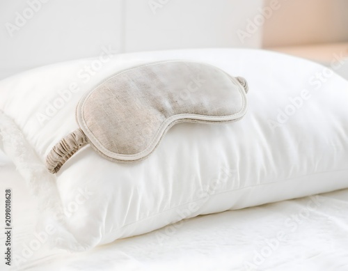 Simple Linen Sleep Mask Resting on a Luxury White Goose Feather Pillow Representing Serene Slumber, Bedtime Relaxation, Insomnia Relief, and Premium Hotel Comfort Concept