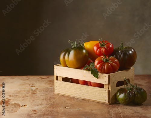 Rustic Wooden Crate Filled with Colorful Organic Heirloom Tomatoes Representing Fresh Autumn Harvest, Farmers Market Produce, and Sustainable Agriculture Concept