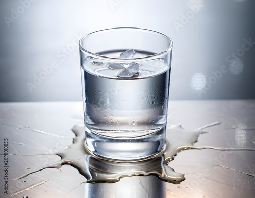 Glass Cup Filled with Melting Glacier Ice Water Resting on a Hot Reflective Surface Representing Global Warming, Climate Change, and Environmental Melt Concept