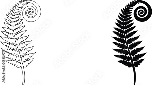 Schilderij op canvas Outline and silhouette of a delicate fern frond unfurling with a spiral top, set against a transparent background for easy design integration