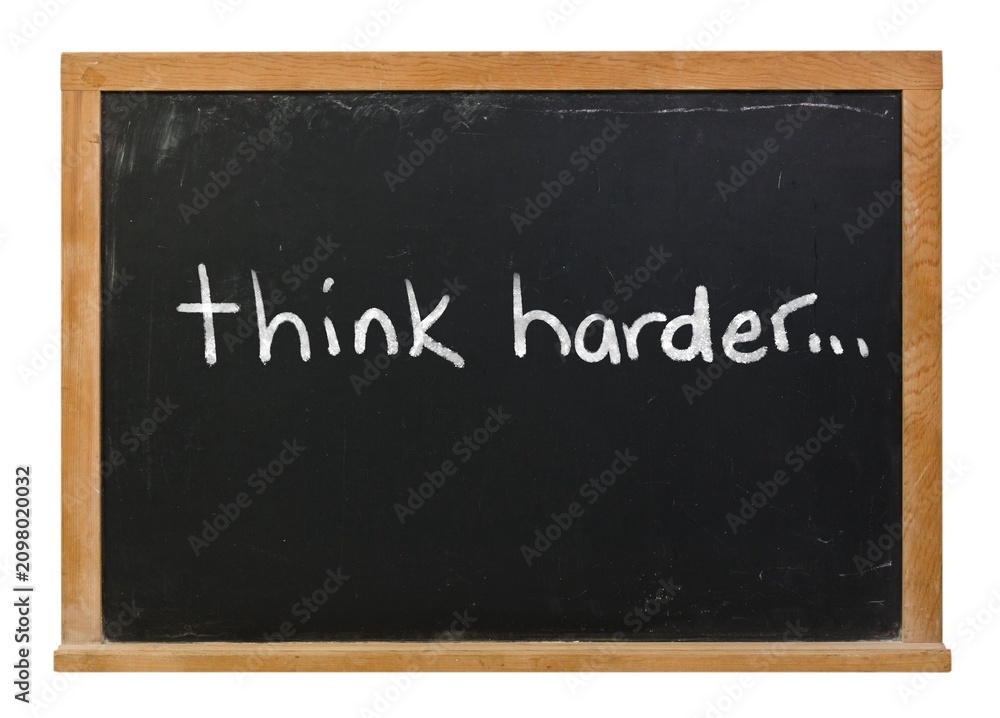 Fototapeta premium Think harder AI prompt written in white chalk on a black chalkboard isolated on white