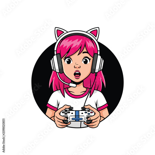 Anime style gamer girl with pink hair and cat ear headphones holding a video game controller.
