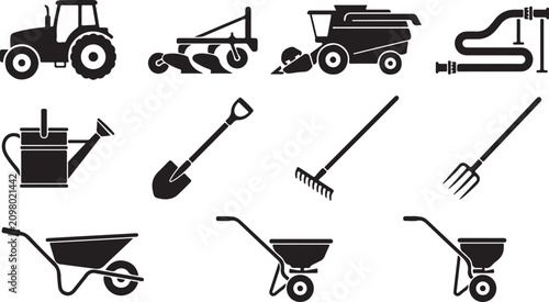 Konstfotografi Black agricultural machinery and farming tool icons set vector illustration
