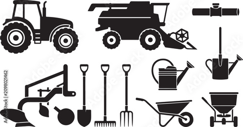 Schilderij op canvas Farm and agriculture icon set with tractor harvester tools and irrigation