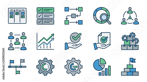 Modern Colorful Illustrated Icons Set Featuring Business Data Project Management and Process Concepts